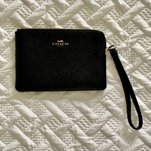 COACH Black Leather Wristlet with Gold Hardware
